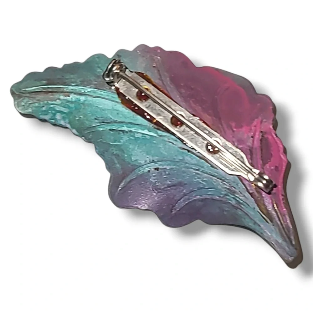 Vintage Modernist Leaf Brooch Abstract Enamel‎ Metal Acrylic Cabochon Pin